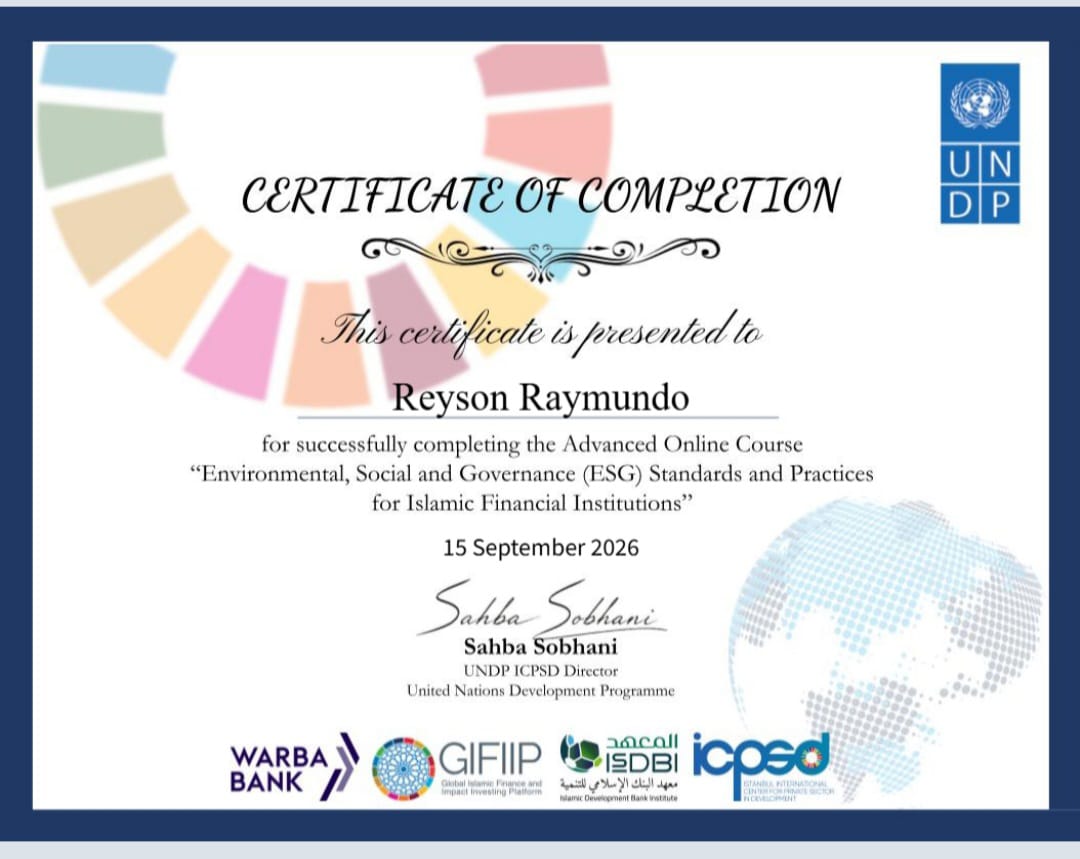 UNDP ICPSD ESG Standards and Practices for Islamic Financial Institutions certificate for Reyson Raymundo