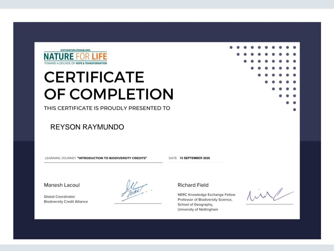 Nature for Life Introduction to Biodiversity Credits certificate for Reyson Raymundo