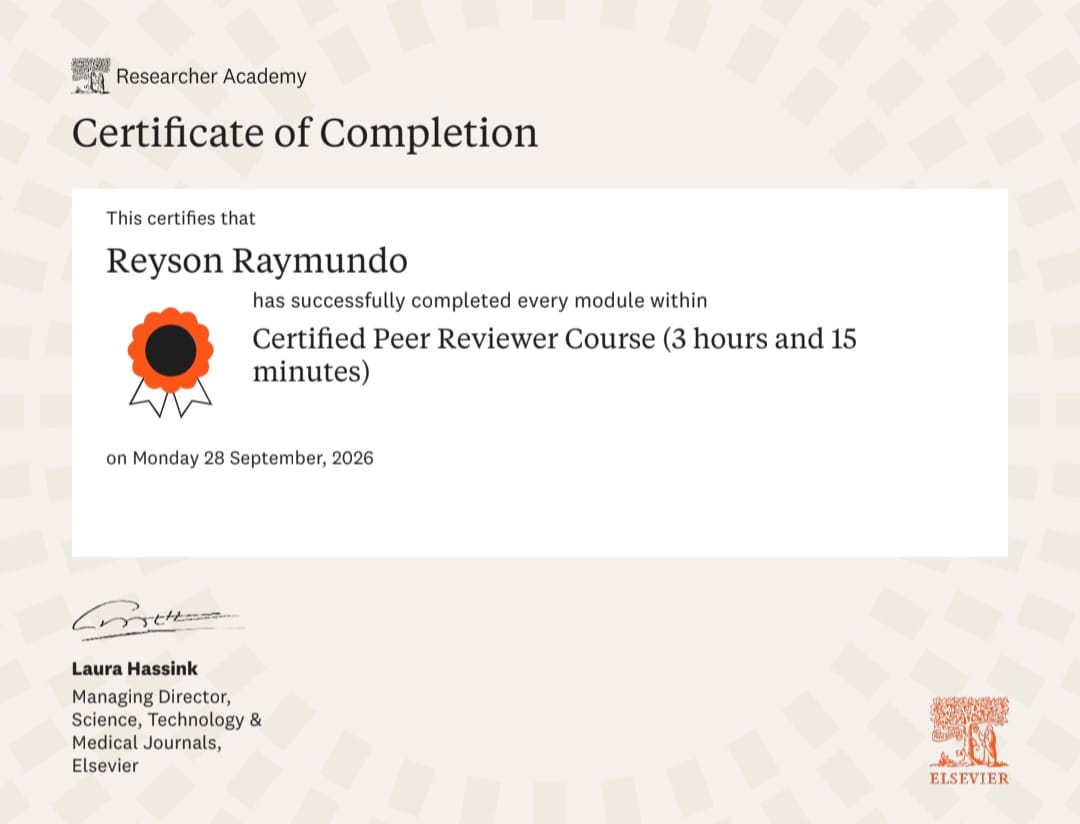 Elsevier Researcher Academy Certified Peer Reviewer Course certificate for Reyson Raymundo
