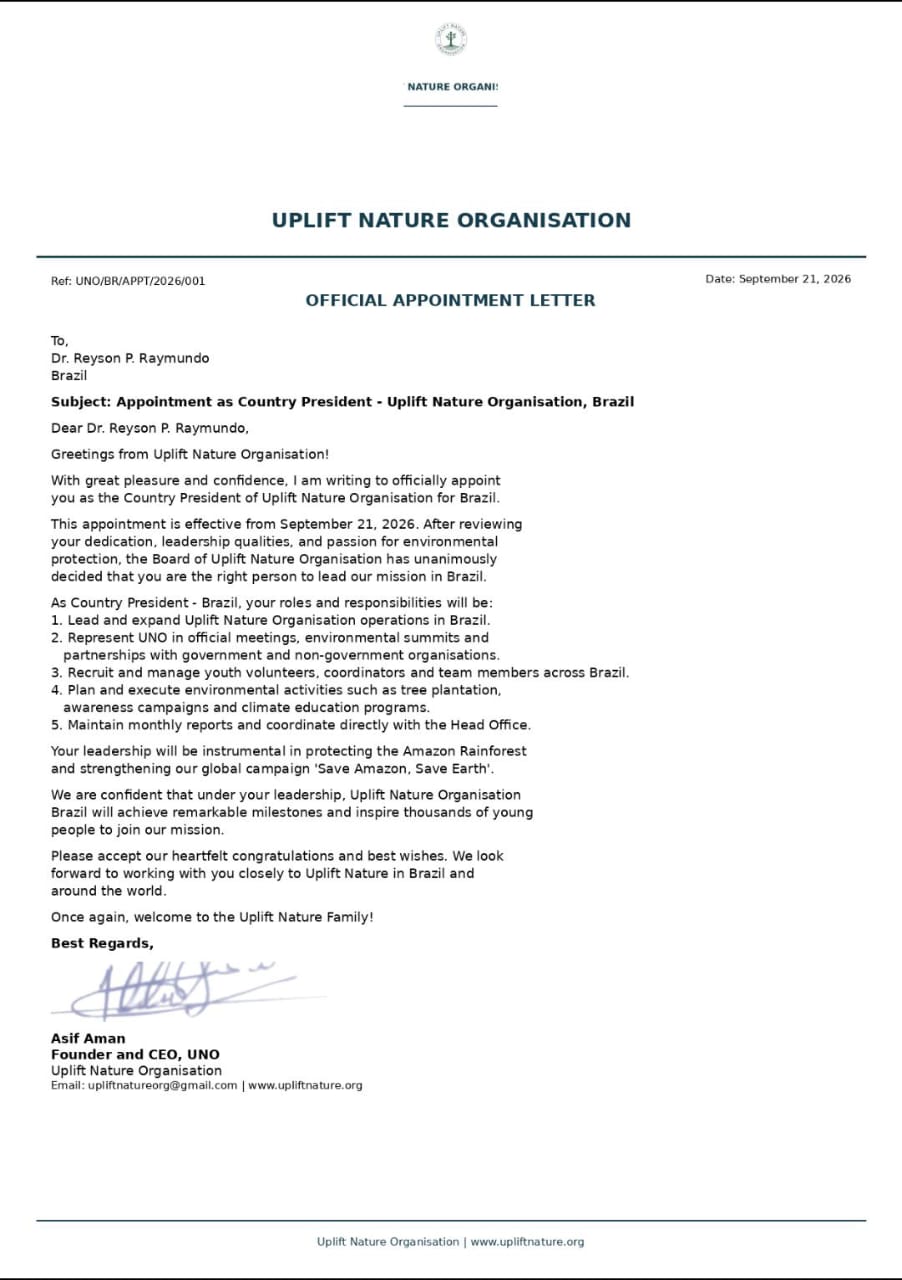 Uplift Nature Organisation appointment letter naming Dr. Reyson P. Raymundo Country President for Brazil