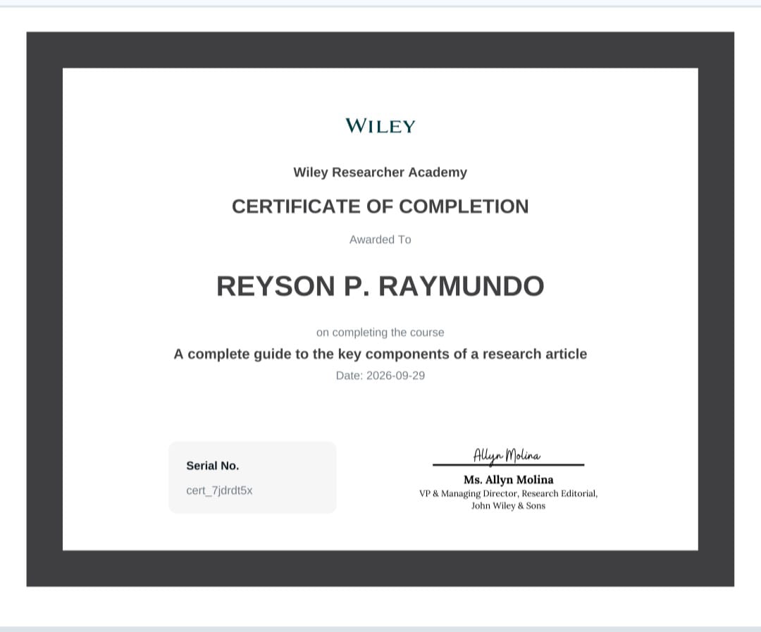 Wiley Researcher Academy research article course certificate awarded to Reyson P. Raymundo