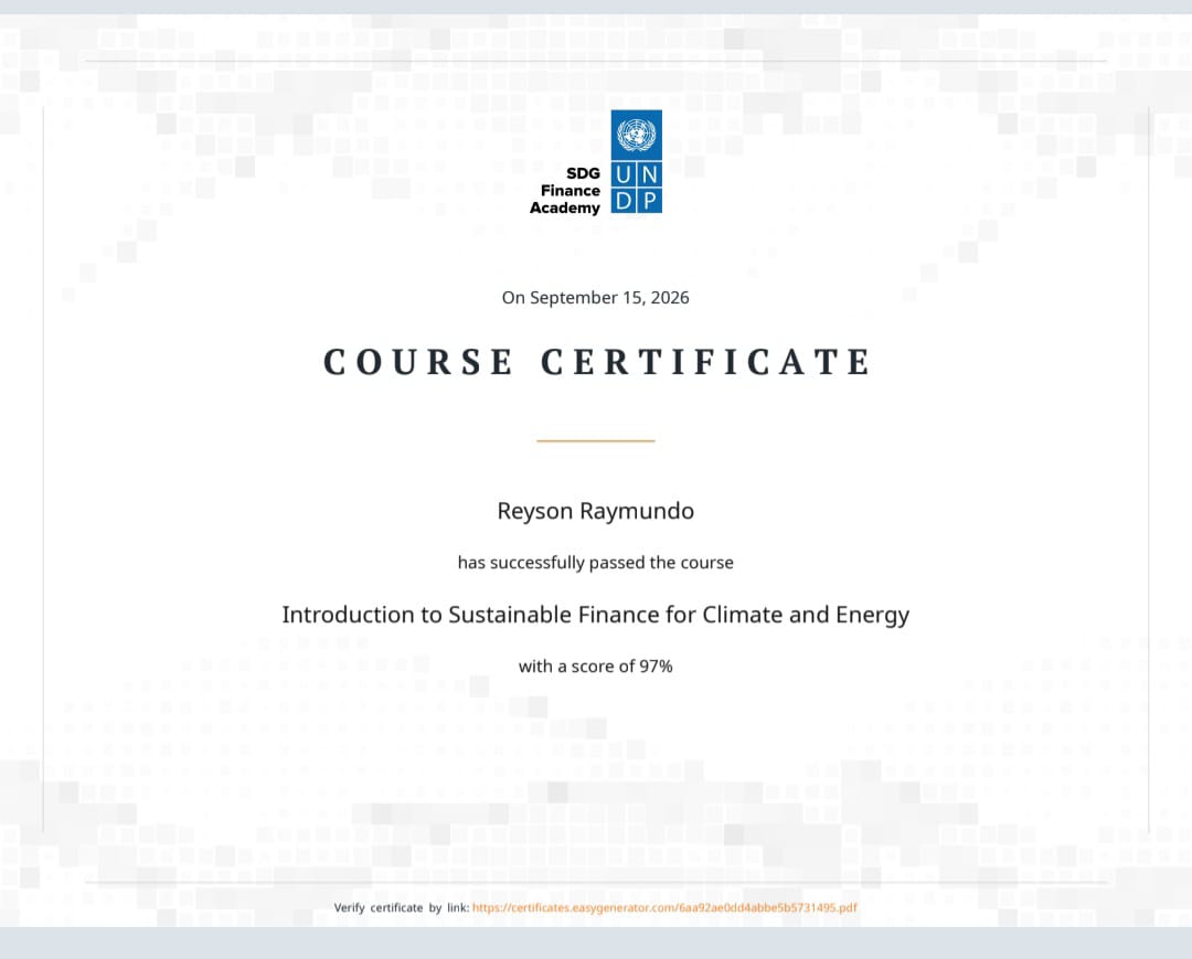 UNDP SDG Finance Academy sustainable finance course certificate for Reyson Raymundo, score 97%