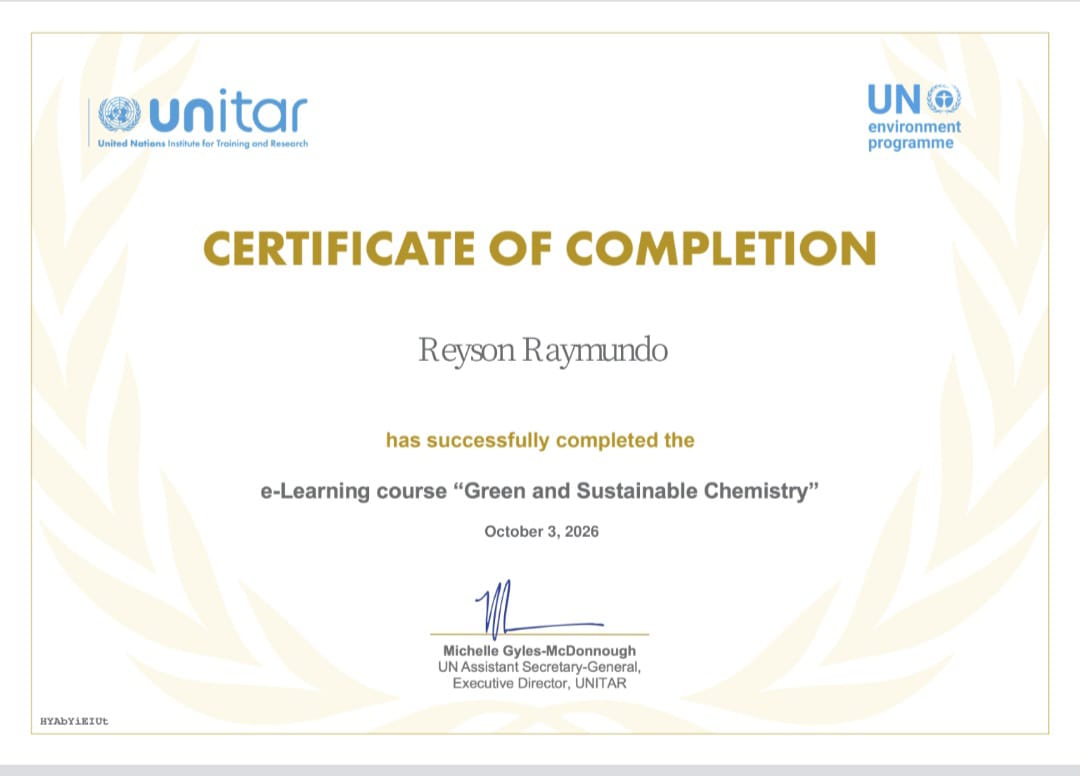 UNITAR and UNEP Green and Sustainable Chemistry certificate for Reyson Raymundo