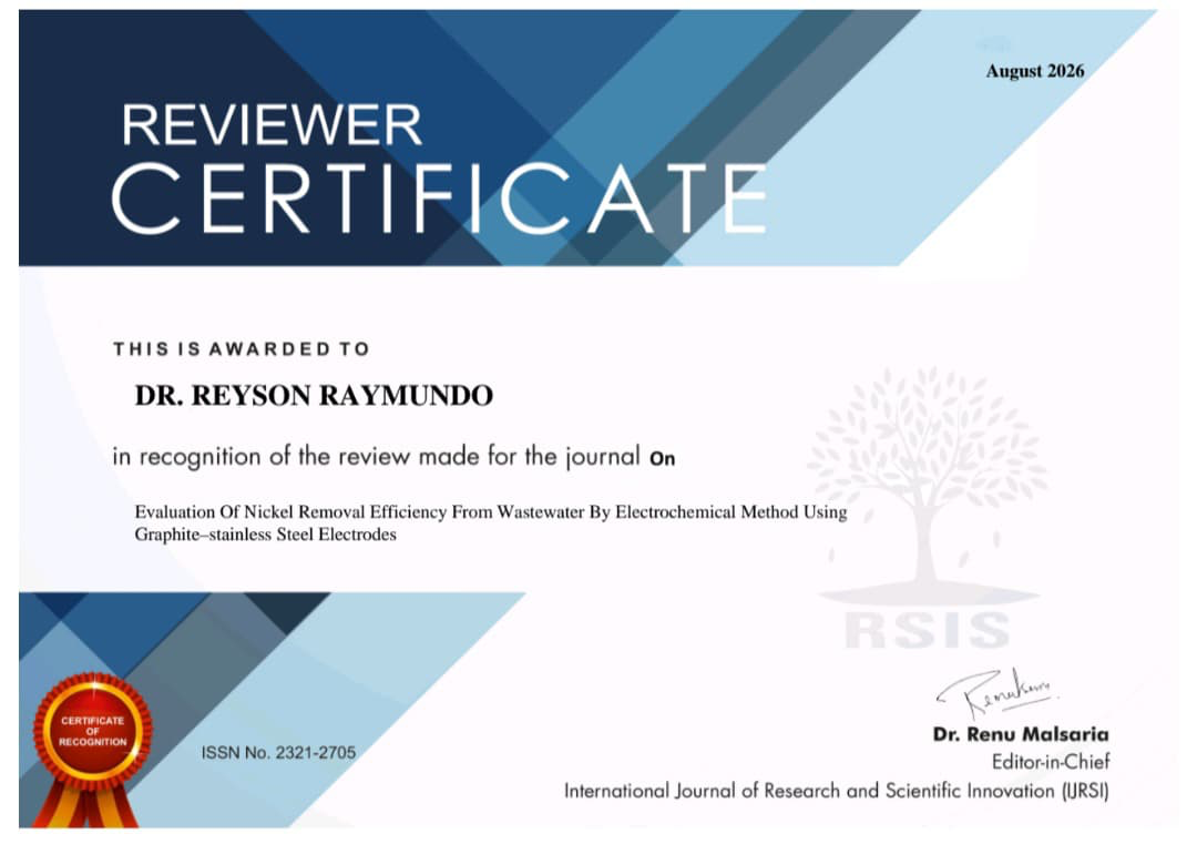 Reviewer Certificate awarded to Dr. Reyson Raymundo by the International Journal of Research and Scientific Innovation (IJRSI)