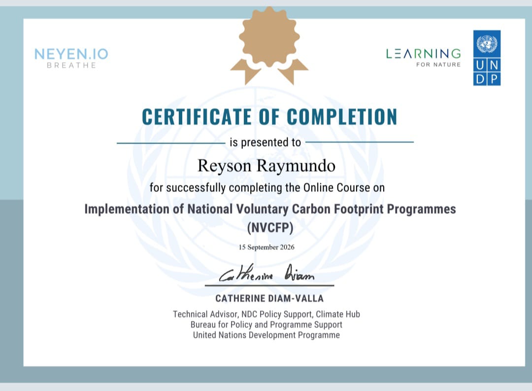 UNDP Learning for Nature NVCFP course completion certificate for Reyson Raymundo